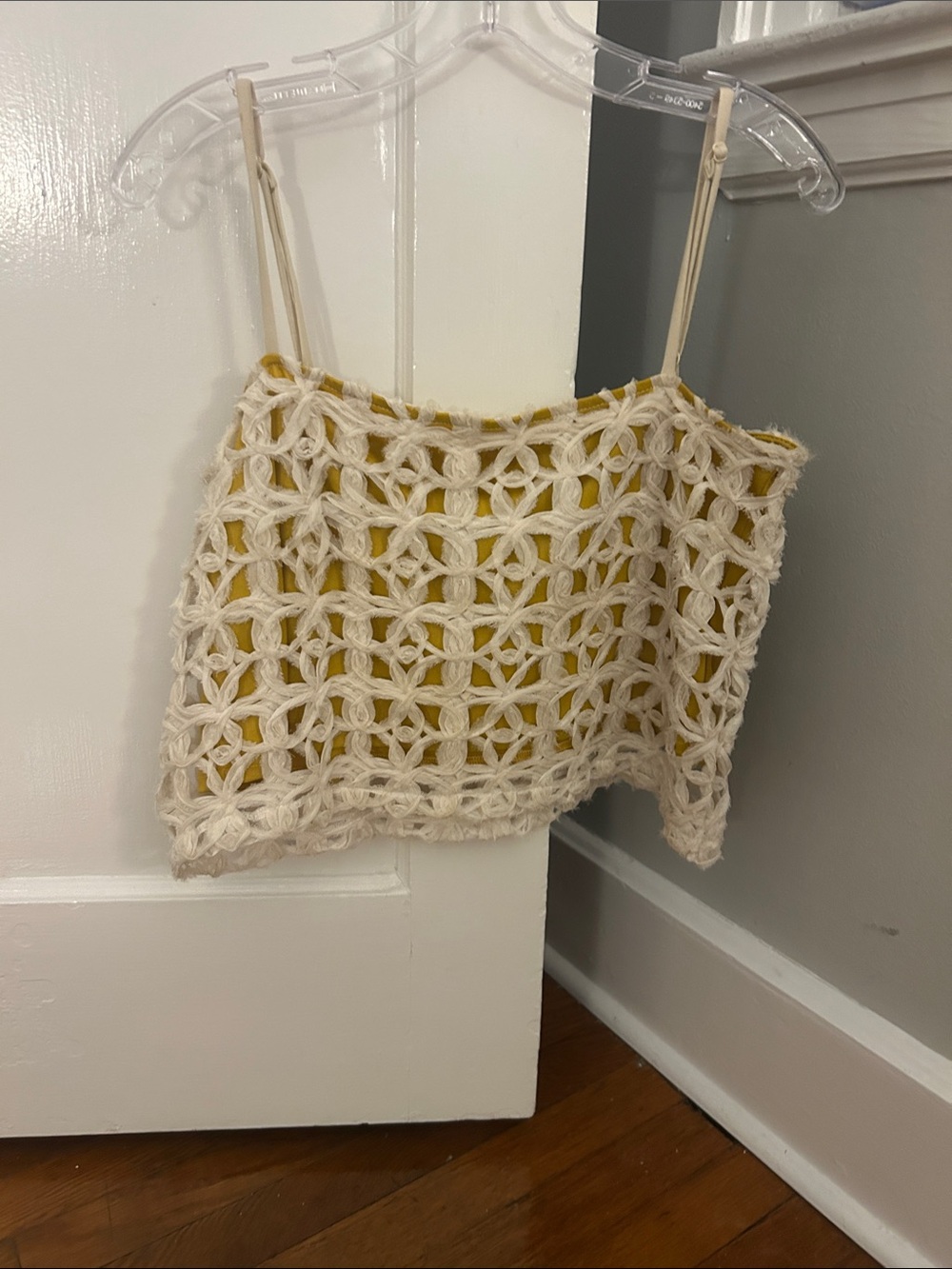 Anthropologie Cream Crochet Overlay Camisole with Yellow Liner